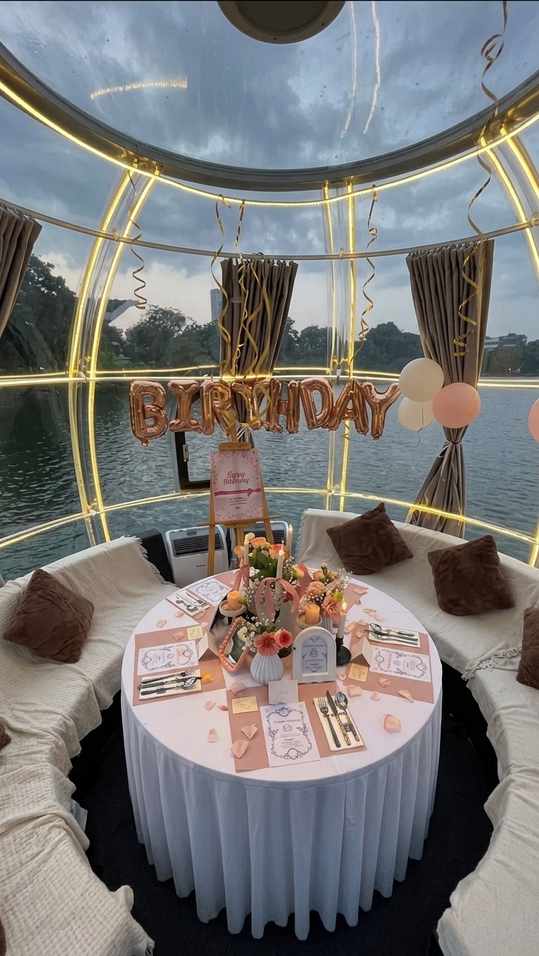 Private celebration and romantic dining setup inside the Crystal Dome