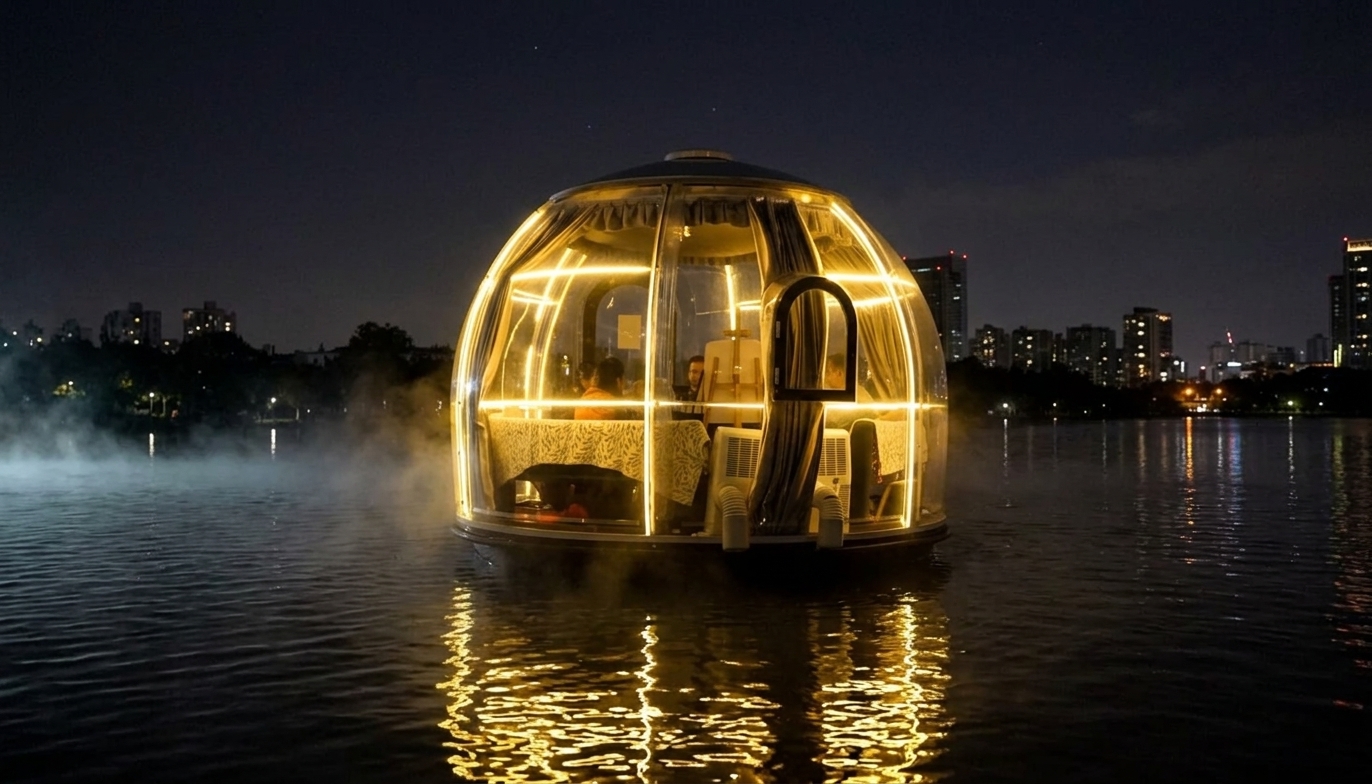 Crystal Dome illuminated at night with misty lake reflections
