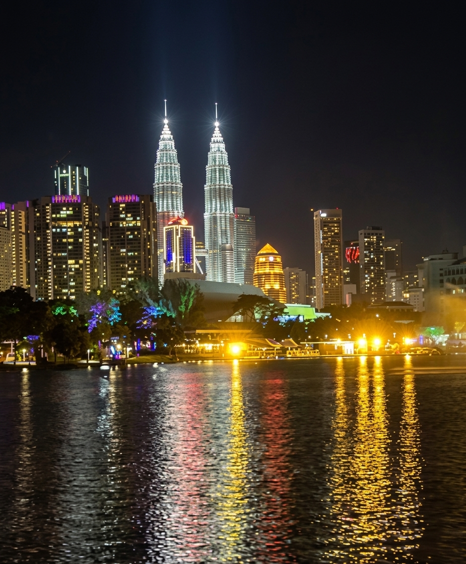 Spectacular glowing night view of Petronas Twin Towers reflecting over Tasik Titiwangsa