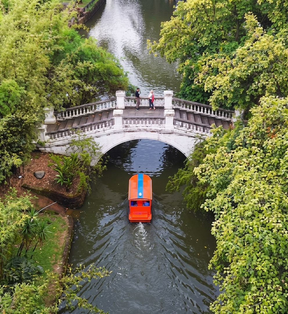 Electric boat cruise gliding beneath the iconic heritage stone bridge at Taman Botani Perdana