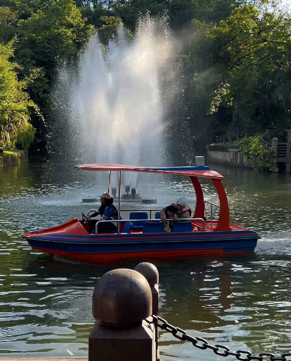 Scenic boat cruise passing the soaring water fountains of Perdana Botanical Garden lake