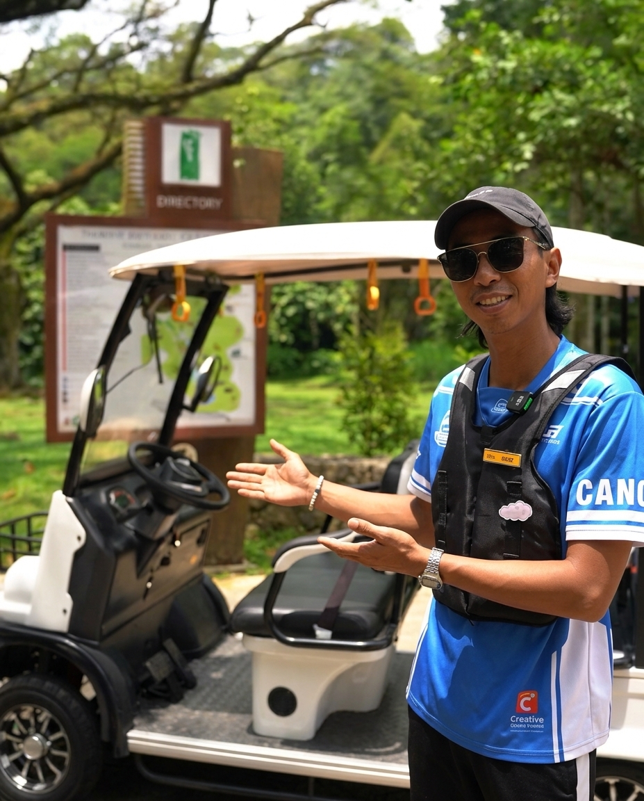 Friendly buggy driver welcoming guests at the botanical garden directory