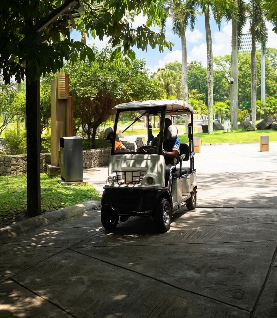 Electric shuttle buggy cruising along shaded palm pathways in Taman Botani Perdana